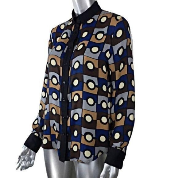 Anne Klein Geometric Print Blue Black Brown Blouse Size 8 - Picture 3 of 4
